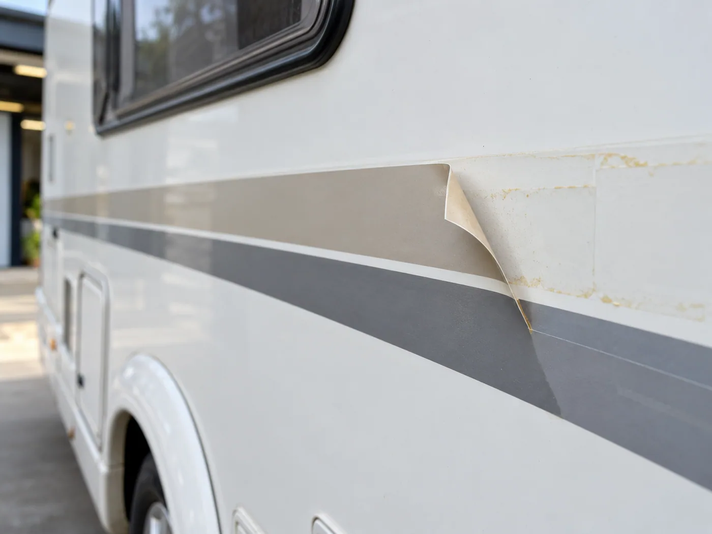 Loslatende camperstriping met zichtbaar lijmspoor en kleurverschil