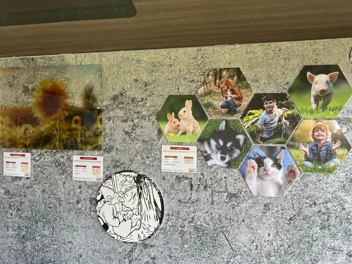 Wand in de Cornelissen beursstand met verschillende vormen en uitvoeringen van bedrukte panelen