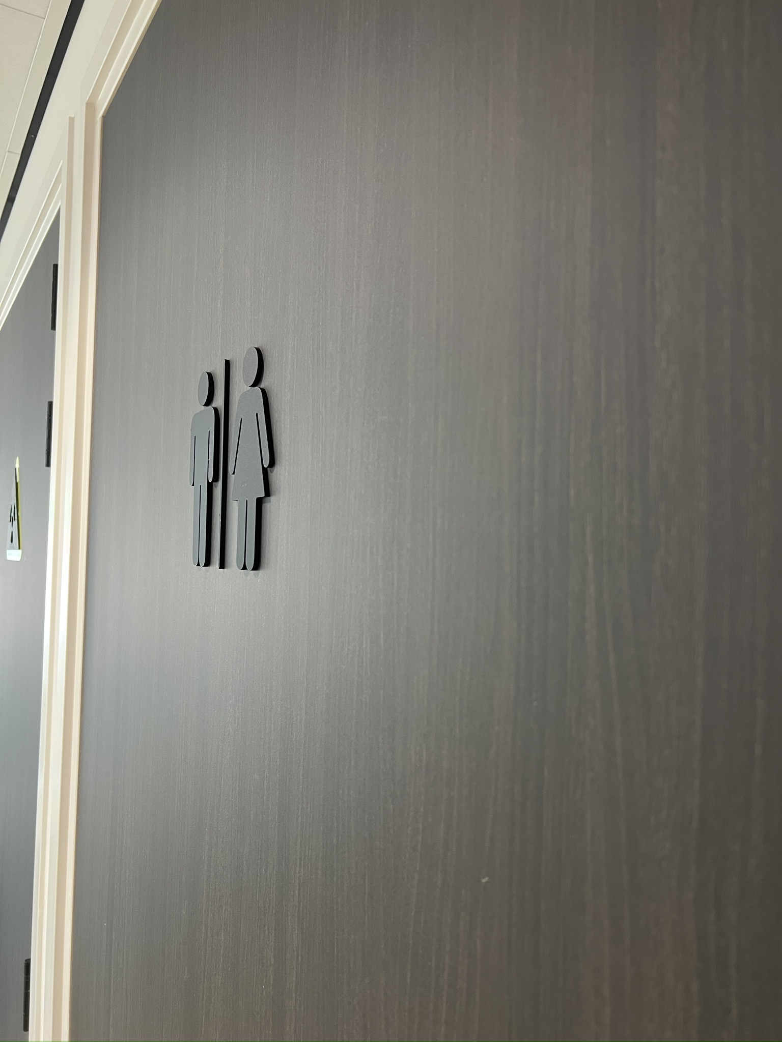 Toiletpictogram vanuit schuin perspectief op een donkere deur
