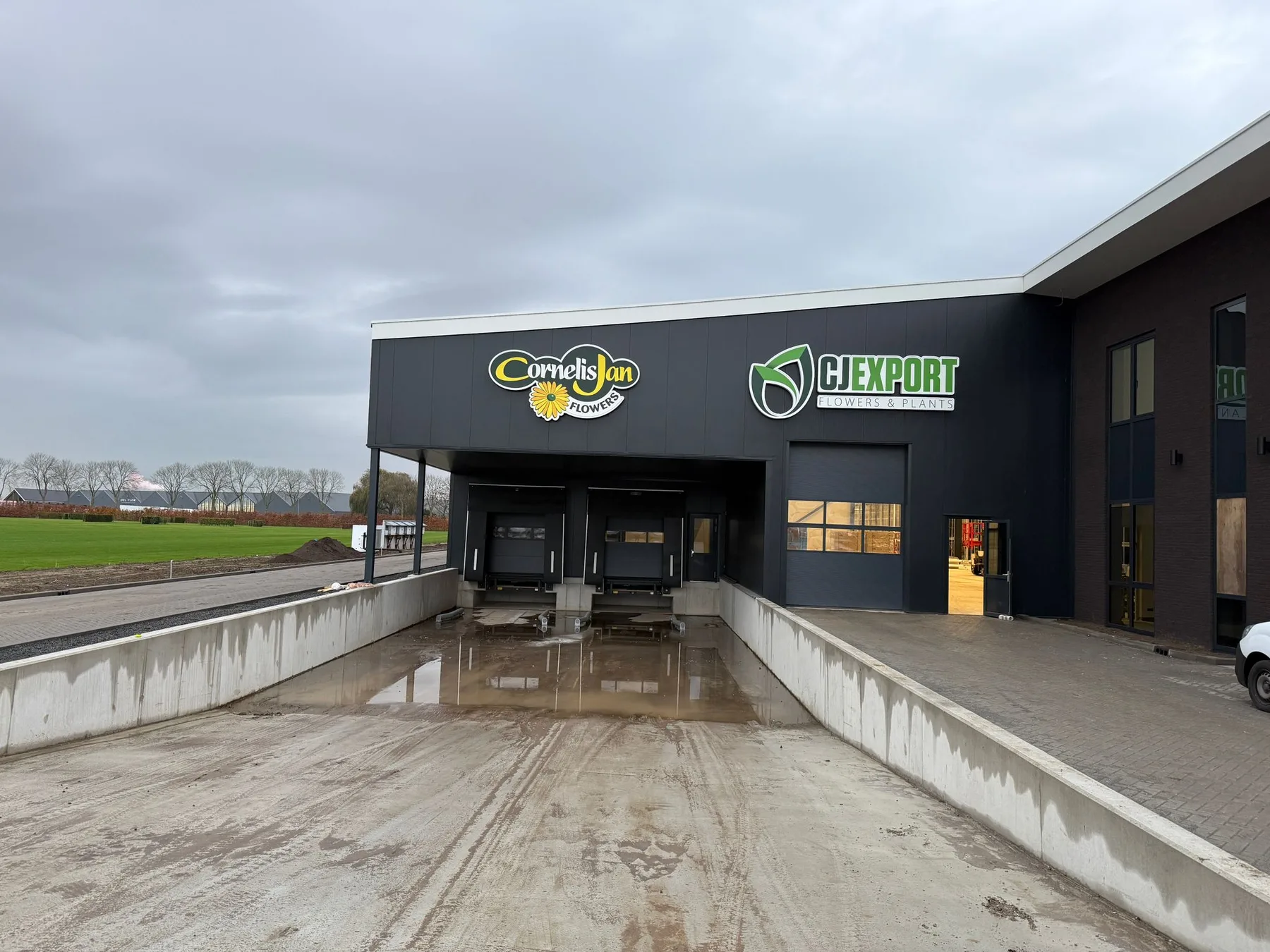 Gevelreclame met verlichte letters op het bedrijfspand van CJ Export