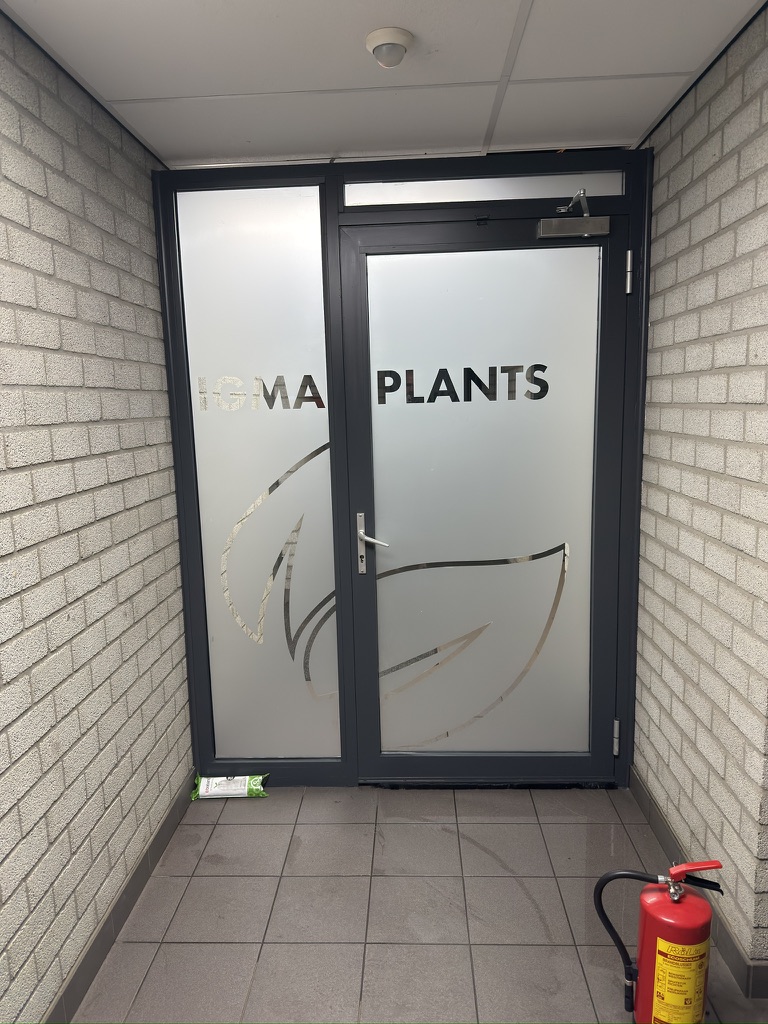 Gangdeur met dusted privacyfolie en IGMA Plants-logo