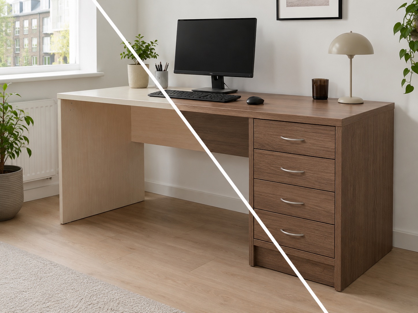 Licht bureau naar donkere houtlook