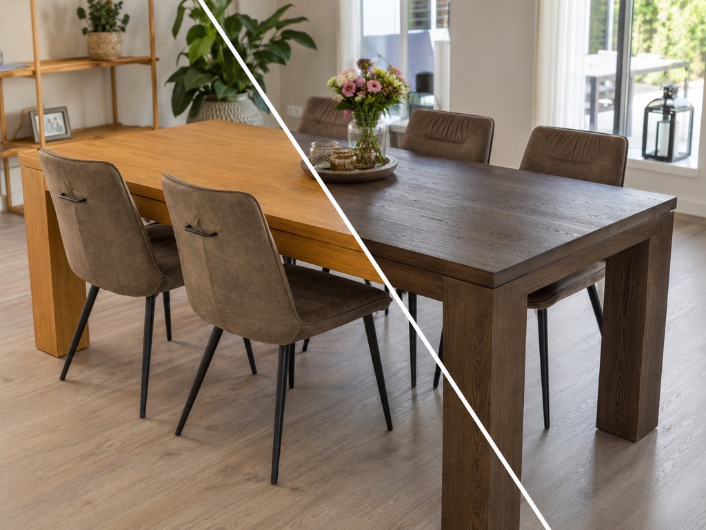 Eettafel van honingkleurig naar donkere houtlook