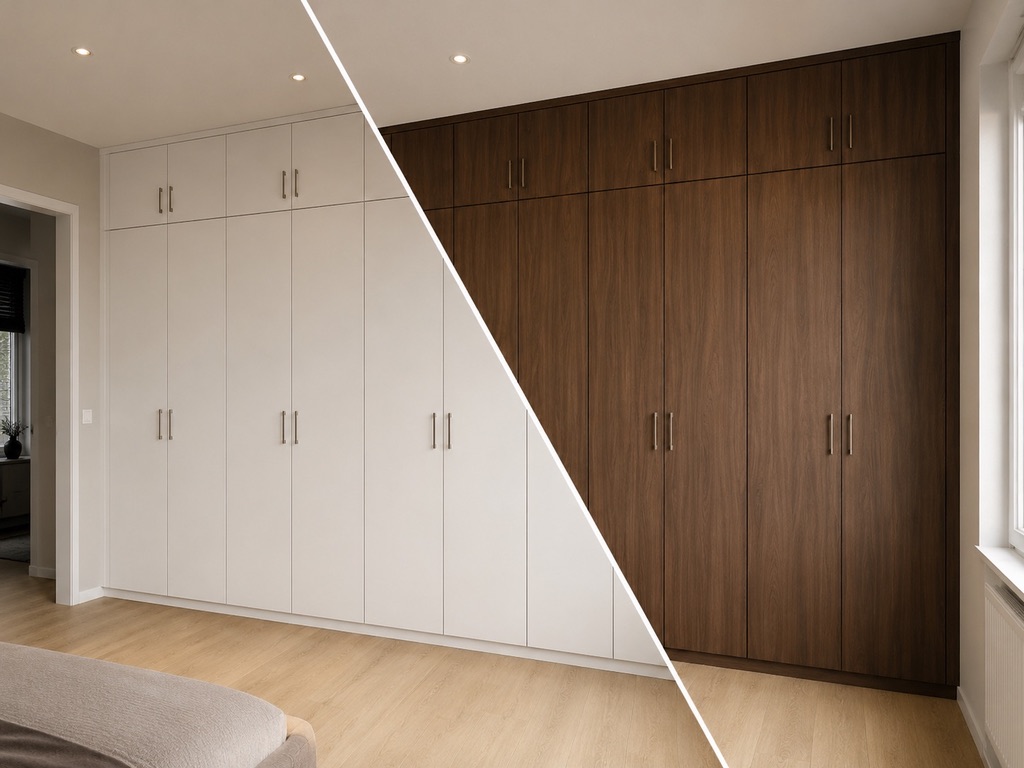 Grote witte kastenwand naar donkere houtlook