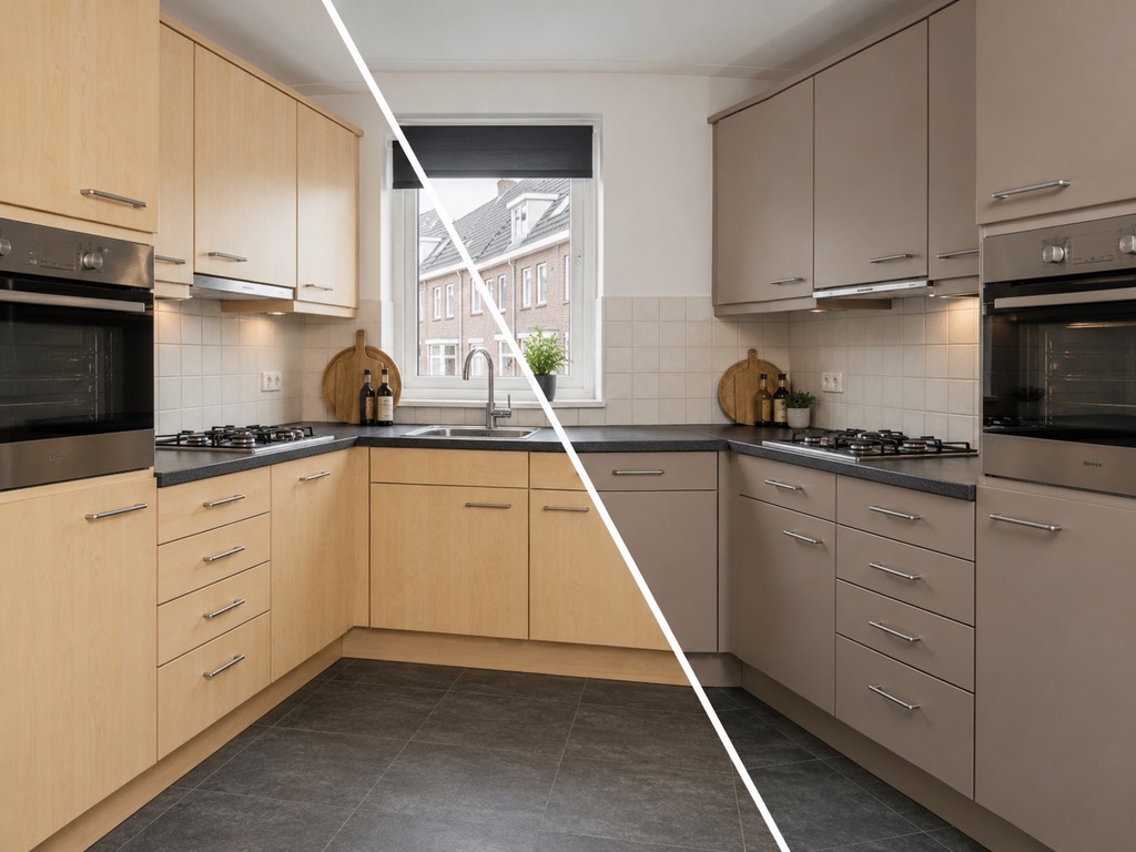 Keuken van lichte houtlook naar taupe