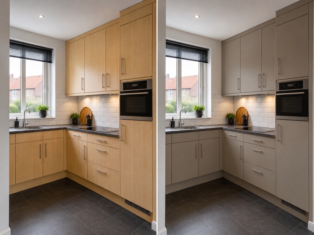 Keuken van lichte houtlook naar rustig taupe