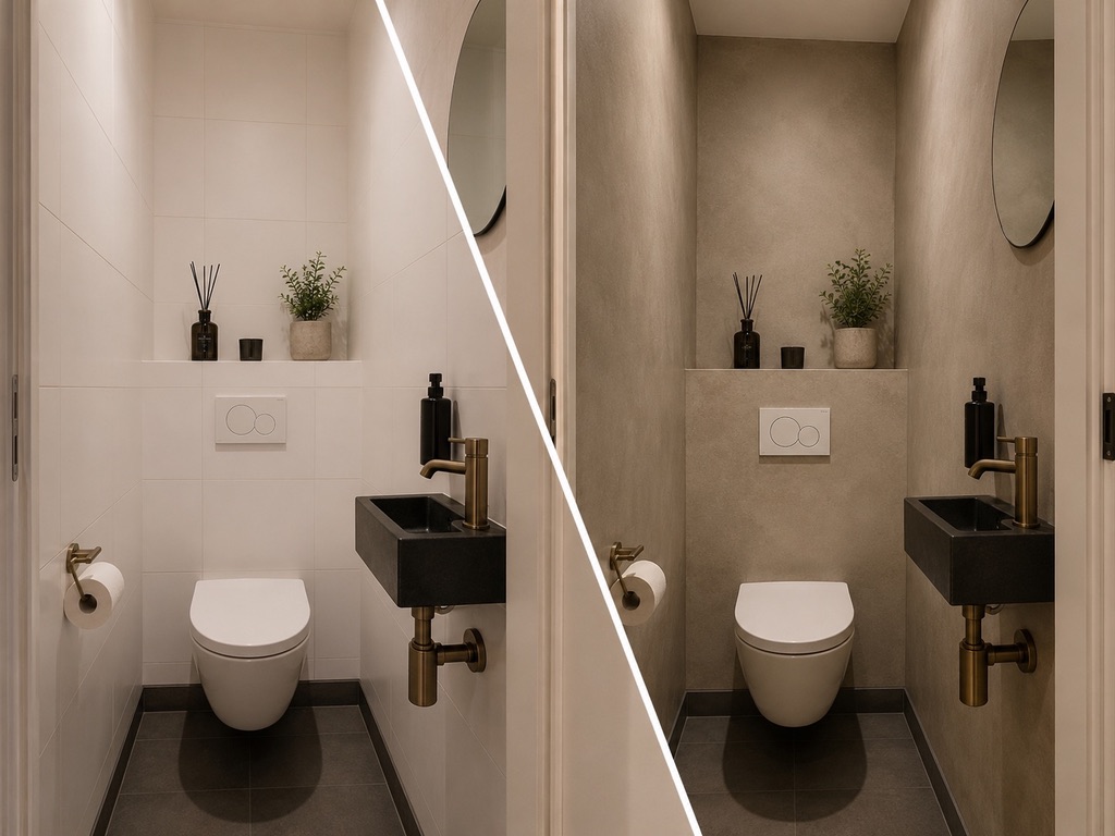 Witte toiletruimte naar warme betonlook