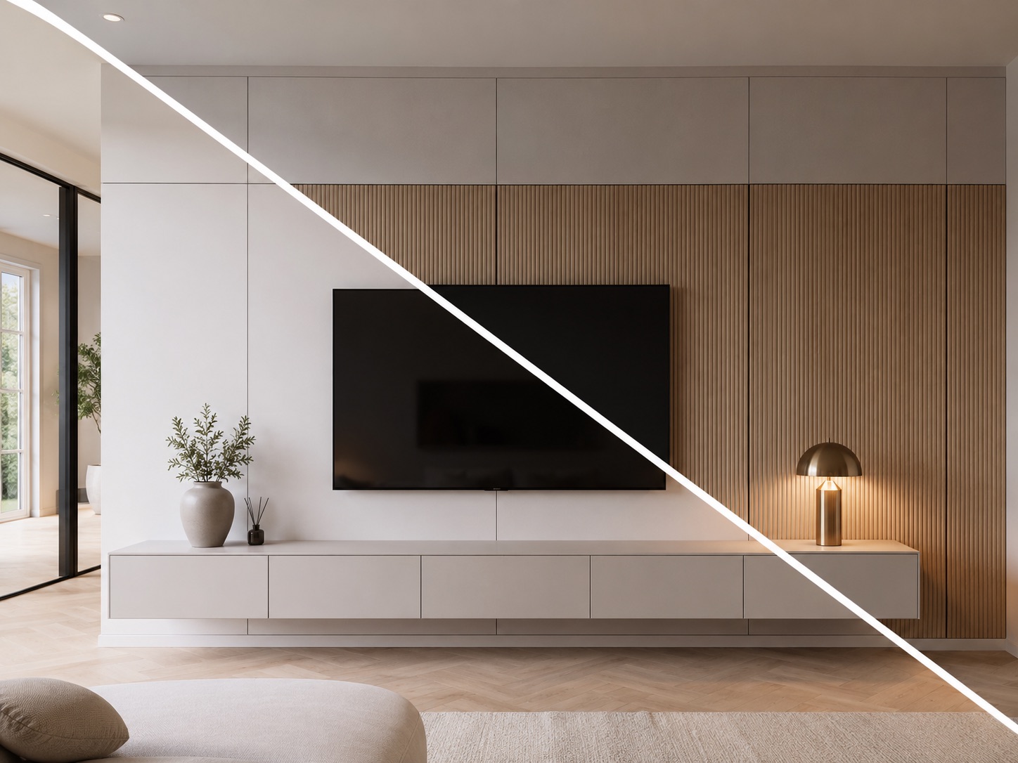 Witte tv-wand naar houtlook met lattenstructuur