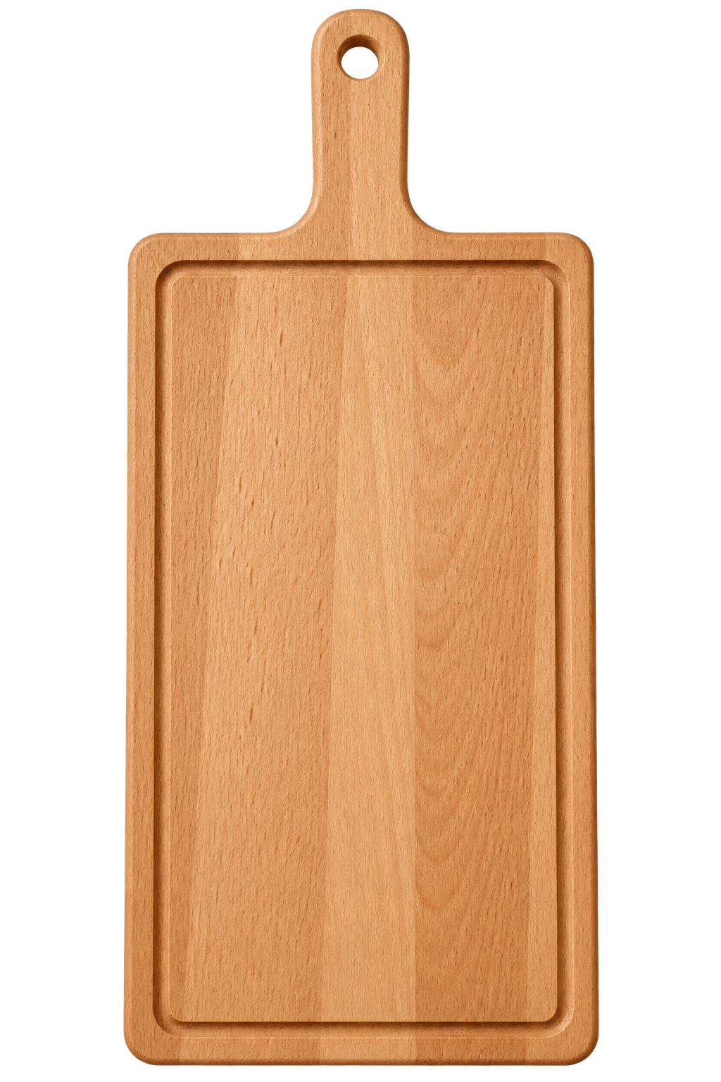 Beukenhouten plank van 37 bij 19 centimeter, liggend met het handvat links