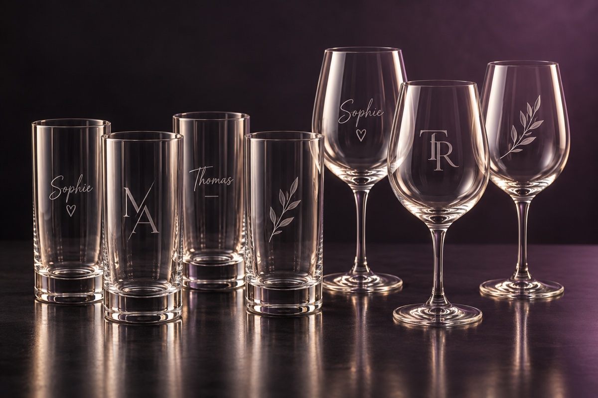 Serie fotorealistische longdrink- en wijnglazen met persoonlijke lasergravures