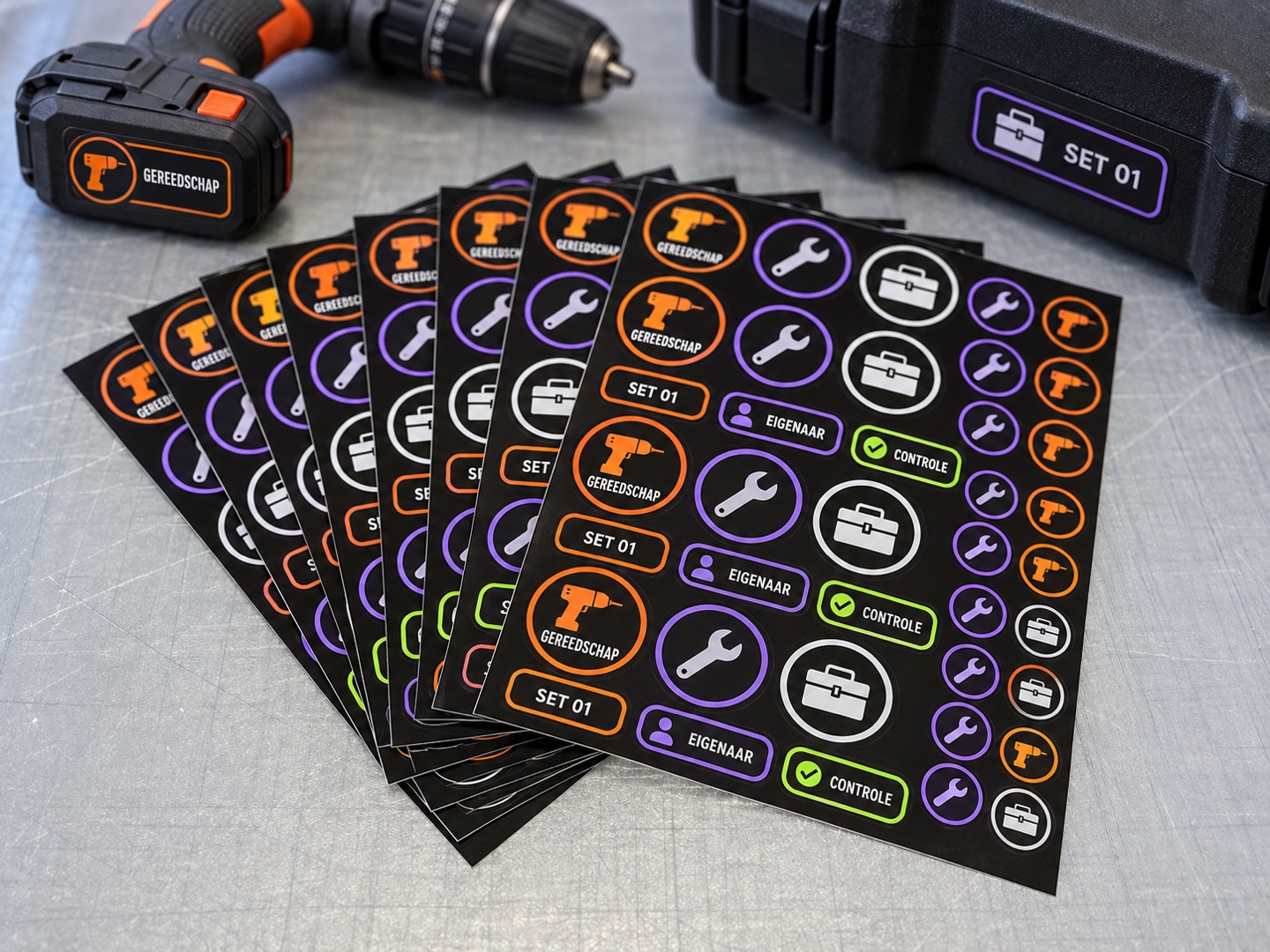 Meerdere vellen met gereedschapsstickers naast een accuboormachine en gereedschapskoffer met aangebrachte labels